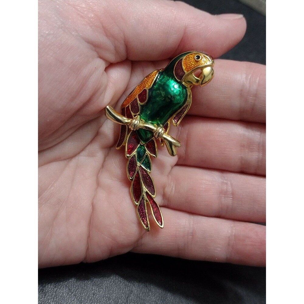 Gold tone colorful parrot brooch red green orange